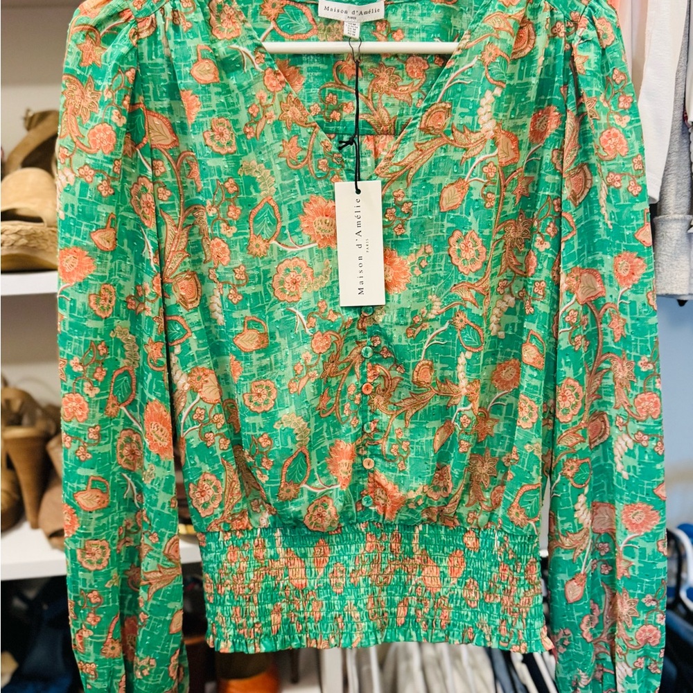 green long sleeve green pink floral blouse office date size med - Picture 3 of 11